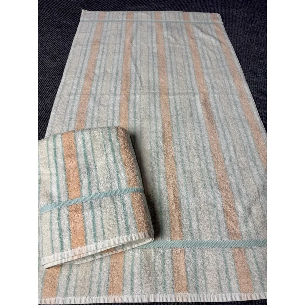 Vintage Cannon Embassy Bath Towel Set 24x45 Pastel Peach Mint Stripe USA Cotton